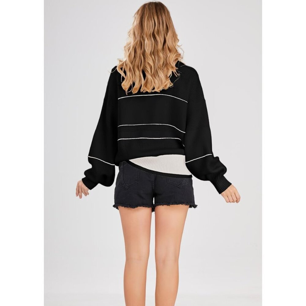 Women's Waffle Knit Sweater Oversized Striped Pullover Turtleneck Casual - Picture 5 of 6